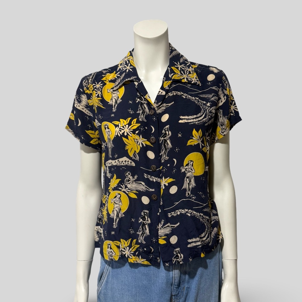 Vintage Avanti Hula Moon Print Too Women’s Medium Navy Aloha
